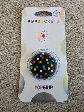 New PopSocket PopGrip Phone Grip — Black with Multicolor Polka Dots